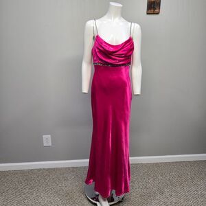 Vintage Cache Gown Maxi Slip Dress Size 8 Hot‎ Pink Satin Rhinestone Prom Formal
